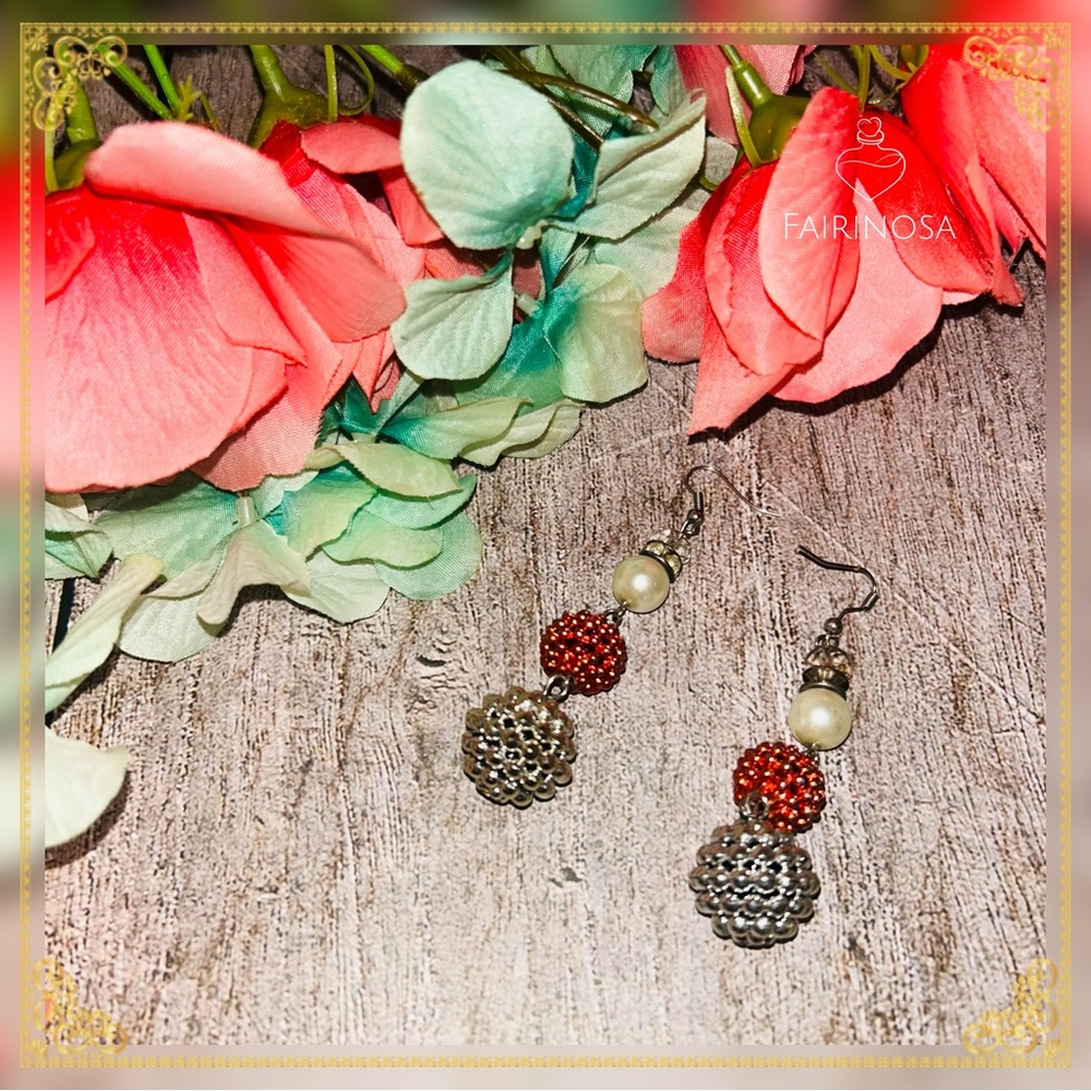 Silver and Red Christmas Festive Beaded Drop Earrings